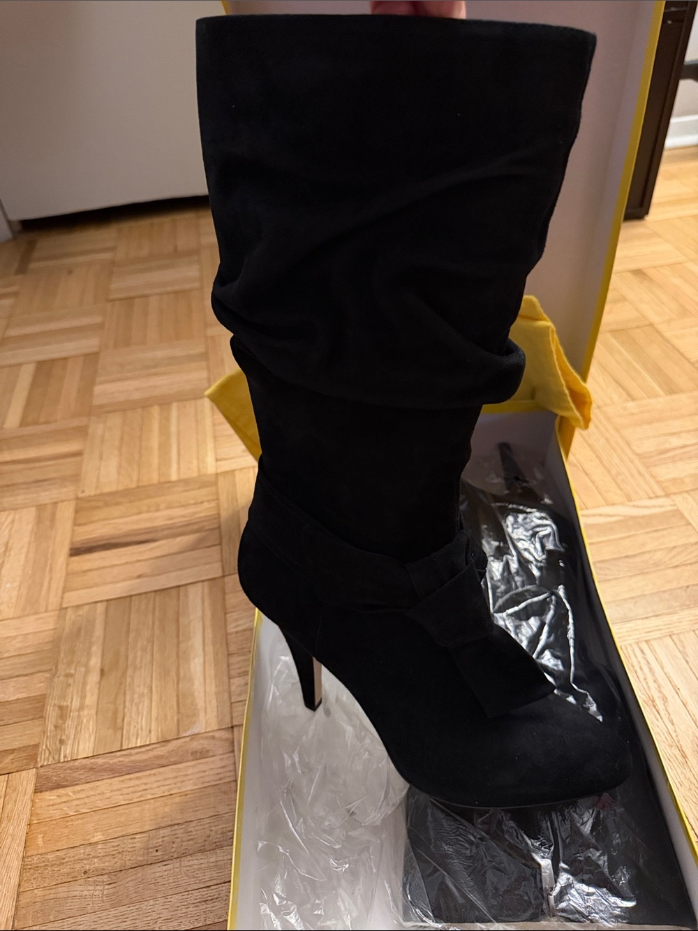 Women’s Black Suede Knee-High Stiletto Boot with Bow Accent
